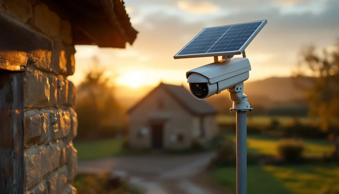 A solar-powered CCTV camera with its own panel on a galvanised pole overlooking a British farmyard at golden hour
